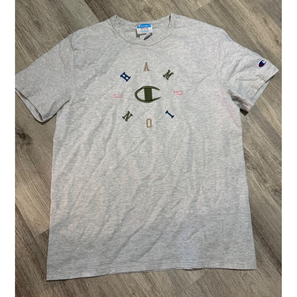 Champion VTG Colorful Logo Heritage T-Shirt M Heather Grey Embroidered Circle
